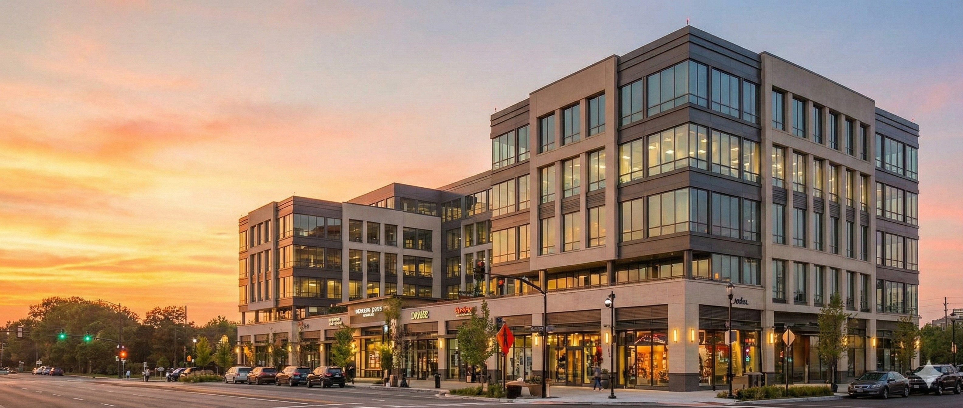 Commercial building at sunset