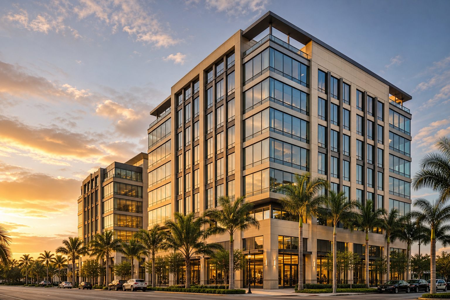 Mid-rise commercial office building in South Florida at sunset
