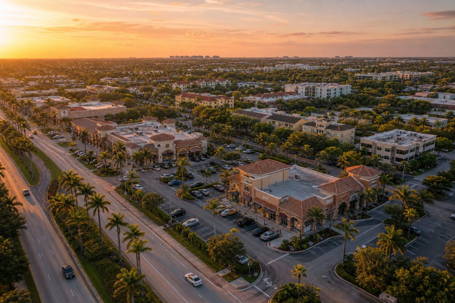Aerial view of a South Florida commercial corridor at sunset